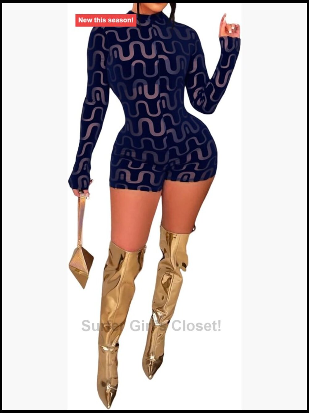See Through Mesh Long Sleeve Short Jumpsuit Sheer Patchwork Skinny Pants Club